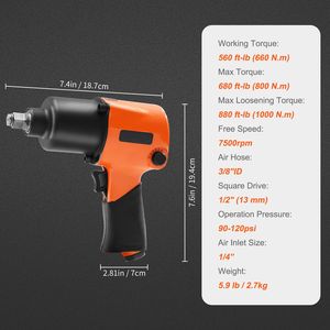 Avvitatore Pneumatico ad Impatto da 1/2 Pollice, Leggero, con Coppia di Sgancio di 880 ft-lbs, 7500 RPM, per Riparazioni Auto - Product Image 4