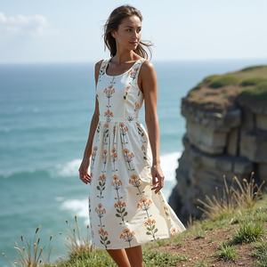 Vestido MIDI artesanal de algodón blanco con ondas de mandala para mujer con escote cuadrado para uso diario - Product Image 3