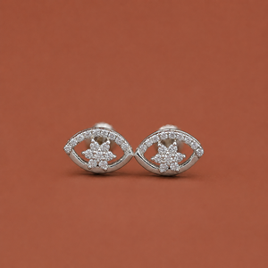 S925 Sterling Silver <b>Moissanite</b> Eye Shape Stud <b>Earrings</b> with Round Diamond Shape Floral Center and Pave Detailing - Product Image 1