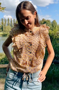 Women Yellow Block Print Cotton <b>Boho</b> Blouse with Layered Ruffle Sleeves Soft Breathable Summer Top - Product Image 4