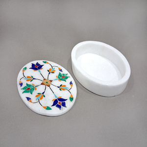 Boîte à bijoux ovale haut de gamme en albâtre incrusté, gravée à la main, coffret de rangement de luxe en marbre, fabrication indienne, prix de gros - Product Image 4