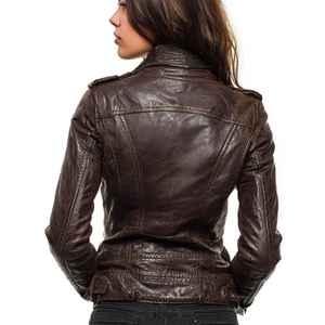 Chaqueta de Cuero Marrón para Mujer |   Chaqueta de Motero de Cuero Genuino |   Chaqueta de Cuero de Estilo Vintage y Corte Ajustado para Mujer - Product Image 3