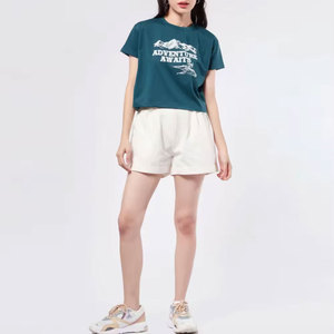INDEX APPAREL Women's Teal Crop <b>Top</b> Crew Neck Short Sleeve Printed Adventure Mountain Design Casual Spring Summer Wear - Product Image 3