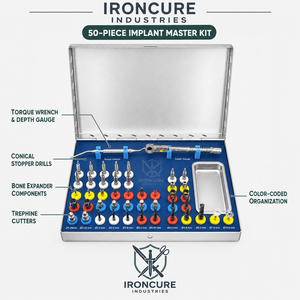 Kit de 50 pièces universel pour implants dentaires : Forets chirurgicaux, Forets à butée conique, Dilatateurs osseux, Trépanes, Clé dynamométrique - Product Image 1