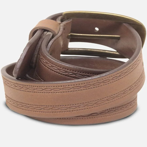 Cinturón de cuero genuino estilo western color marrón claro con diseño grabado y hebilla de latón ajustable, diseño de última tendencia. - Product Image 2