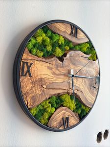 Handmade Olive Wood Moss <b>Wall</b> <b>Clock</b> Rustic Natural Home Eco-Friendly Wooden Moss <b>Clock</b> <b>Unique</b> Forest-Inspired Home Decor Piece - Product Image 6