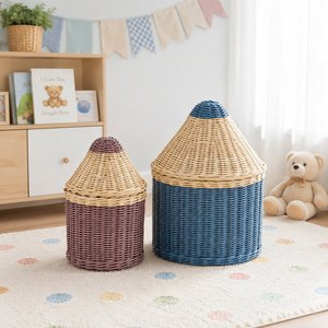 Wholesale <b>Handmade</b> Rattan Basket with Lid Woven Storage Organizer for Toys <b>Clothes</b> Nursery Kids Room Home Decorative Use Storage - Product Image 5