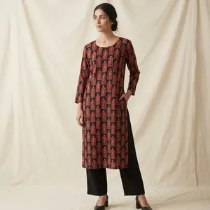 <b>Women</b> Black Jute Cotton <b>Kurti</b> Round Neck Printed Straight Tunic Full Sleeve Geometric Pattern Casual Ethnic Everyday Wear - Product Image 1