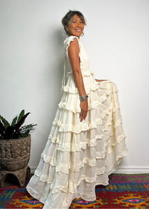 <b>Summer</b> Bohemian Women's Eco-Friendly Floral Print Maxi Dress Deep V-Neck Sleeveless Tiered Ruffle Organic Cotton Beach Party - Product Image 3