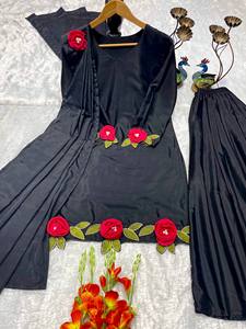 Traje Palazzo Largo para Mujer, Estilo Indio-Pakistaní, Bordado Floral Negro, Corte Holgado, Elástico, para Fiestas, Estilo Étnico - Product Image 6
