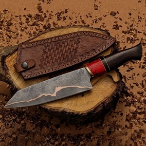 Cuchillo de cocina artesanal de cobre con patrón de Damasco para exteriores, con mango decorativo de madera, para senderismo y pícnic. - Product Image 3