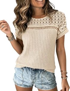 Top Casual Minimalista, Delgado, Sólido, Transpirable, Vintage, de Punto, de Manga Corta, Falda de Poliéster, Top Informal - Product Image 3