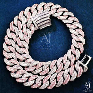 Collier maille cubaine plaqué or rose, serti de moissanite taille baguette, style hip-hop, avec pendentif en moissanite, cadeau bijou - Product Image 1