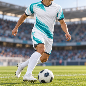 Uniforme de football blanc et turquoise personnalisable, logo personnalisé, maillot de football sublimé, shorts, vêtements de sport d'équipe - Product Image 5