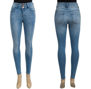 Jean skinny taille haute pour femme grande taille, longueur intégrale, en denim délavé, style décontracté, fermeture boutonnée - Product Image 1