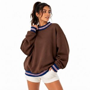 Sweat-shirt oversize pour femme, couleur violet foncé, col montant, avec bordure côtelée rayée, manches longues, style streetwear décontracté, OEM ODM, vente en gros - Product Image 5