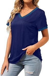 Women's V-Neck Short Sleeve T-Shirt Solid Color Loose Fit Casual <b>Top</b> With Pocket Spring Summer Wear - Product Image 3