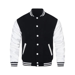 Chaqueta Varsity con Ribete en Contraste para Hombre, Mezcla de Poliéster y Lana, Detalles Acanalados, Estilo Béisbol Universitario Vintage, Casual - Product Image 1