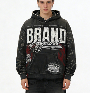Vente en gros de sweats à capuche pour hommes en molleton épais vintage style Hip Hop, avec strass, effet vieilli, appliqué uni, personnalisés, délavés à la pierre et découpés au laser - Product Image 1