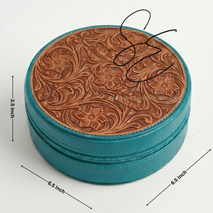 Elegant Round Tooled <b>Leather</b> <b>Jewelry</b> Case with Velvet Interior Floral Carved Turquoise Zipper Accessories Organizer Case Women - Product Image 3