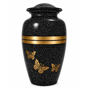 Urna Funeraria de Metal Antigua Negra con Banda Dorada y Grabado de Mariposa, Estilo Europeo Americano, para Cenizas Humanas - Product Image 1