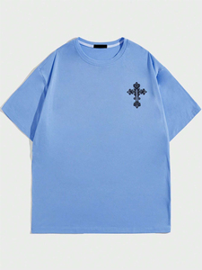 Camiseta Unisex de Cuello Redondo Personalizada de Alta Calidad con Diseño de Cruz Bordada, Corte Holgado, Estilo Casual, 100% Algodón Jersey - Product Image 1