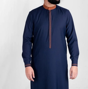 Qamis bleu marine pour homme, à manches longues et col montant, tenue de prière modeste en coton, longueur ras du sol, toutes saisons, style Moyen-Orient - Product Image 1