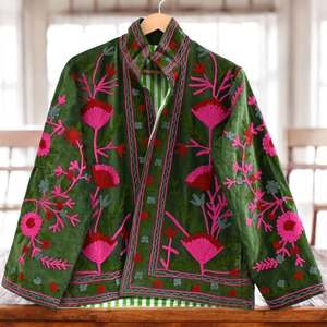 Chaqueta de Terciopelo con Bordado Floral para Mujer, Cuello Chal, Manga Larga, Estilo Prairie Chic Otoñal, Patrón de Bordado Hecho a Mano - Product Image 2