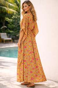 Vestido Kaftán de Algodón con Estampado Floral Rosa para Mujer, Estilo Boho, para Vacaciones en la Playa - Product Image 2
