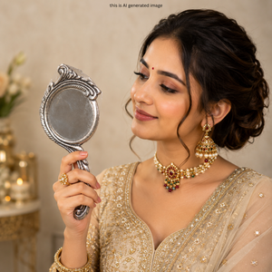 German Silver Hand <b>Mirror</b> with Traditional Ethnic Design Vintage Decorative <b>Vanity</b> <b>Mirror</b> Bridal <b>Makeup</b> & Pooja Gift Handheld - Product Image 6
