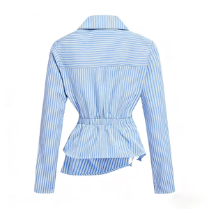 Blusa de Mujer Personalizable, Estilo Europeo Americano, Manga Larga, Ajustada, Tejida, a Rayas, Transpirable, con Botones, para Verano - Product Image 2