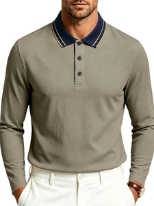 High Quality Low Price <b>Men's</b> Polo Long Sleeve <b>Shirt</b> 100% Cotton Striped Eco-Friendly Breathable Custom Casual Style Navy Collar - Product Image 1