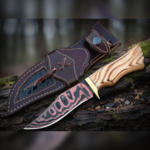 Couteau de chasse OEM artisanal en acier Damas cuivré, couteau à dépecer à lame fixe avec manche en bois, couteau de camping et d'extérieur EDC avec étui en cuir - Product Image 1