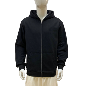 Sweat-shirt à capuche zippé noir pour homme, coupe classique, couleur unie, décontracté, pour l'automne, en molleton tricoté avec poches - Product Image 1