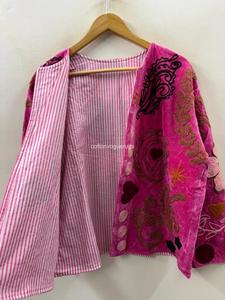 Manteau Bohème en Velours Rose Brodé à Manches Longues Col Rond Grande Taille Motif Floral Fait Main Vêtement d'Hiver pour Femmes - Product Image 1