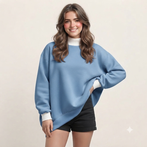 Sweat-shirt bleu surdimensionné pour femme, épaules tombantes, manches longues, couleur unie, tissu tricoté, design asymétrique, style automne - Product Image 1
