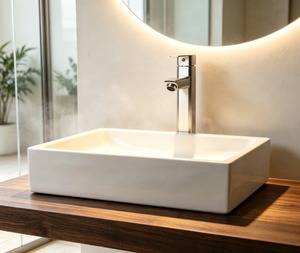 Lavabo de Baño Moderno de Cerámica Blanca con Diseño Minimalista para Colocar Sobre Encimera - Product Image 1