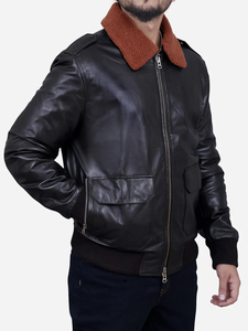 <b>Men</b> Genuine Black <b>Leather</b> <b>Jacket</b> <b>Brown</b> Fur Shearling Collar Bomber Aviator Winter <b>Jacket</b> - Product Image 1