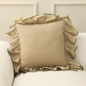 Ruffle Cushion Cover Solid <b>Cream</b> Pillow Case with Green Trim for Home <b>Sofa</b> Decor - Product Image 2