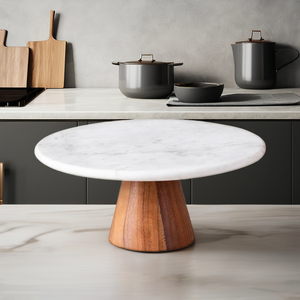 แท่นวางเค้กทรงกลมลายหินอ่อนสีขาวทันสมัยพร้อมแท่นไม้อะคาเซียสำหรับงานปาร์ตี้ในบ้านโรงแรม; สำหรับตกแต่งขนมหวานในทะเลทราย - Product Image 6