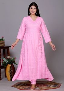 NIYANI Ensemble 3 pièces Salwar Kameez Anarkali Chikankari rose à manches longues, style décontracté indien/pakistanais, en rayonne d'été avec dupatta en dentelle, effet froissé - Product Image 3