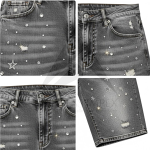 Rhinestone Denim Shorts <b>Mens</b> Cotton Jean Shorts Crystal <b>Studded</b> Streetwear Fashion Process Impex - Product Image 4