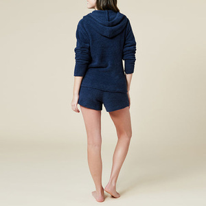 Women's <b>Navy</b> Blue Hooded Sweatshirt Shorts Set Oversized Knitted Cotton Casual Lounge Wear Solid Color Autumn Style - Product Image 3