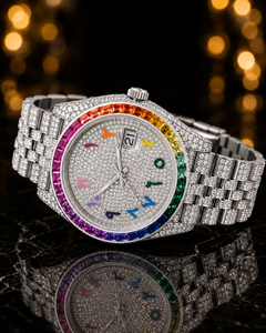 Reloj Citizen Clásico de Lujo con Esfera de Moissanita VVS Totalmente Incrustada, Bisel de Baguette Arcoíris, Números Arábigos Coloridos y Fecha - Product Image 3