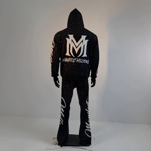Survêtement unisexe personnalisé, coupe évasée et courte, style jogging, avec fermeture éclair effet délavé, broderie et strass, couleur unie, style hip-hop, hiver, respirant, pour le sport - Product Image 6
