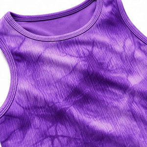 Ensemble de yoga 2 pièces pour femme, tie-dye violet, legging taille haute, crop top dos nageur à col rond, longueur intégrale, sans couture, en Spandex et Polyester - Product Image 5