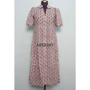 Robe élégante en coton pour femme, style bohème, faite à la main, vintage, tenue d'été florale, tenue de jour, manches courtes, mi-longue, douce, naturelle, décontractée - Product Image 3