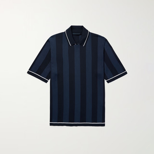 Chemise décontractée personnalisable pour homme, bleu marine, à rayures verticales, en maille, avec col contrastant, manches courtes, douce et respirante - Product Image 2