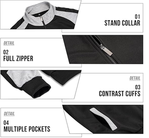 Survêtement Homme Noir et Gris à Blocs de Couleurs, Col Montant, Fermeture Éclair Intégrale, Multiples Poches, Style Sportif Décontracté, Respirant, Idéal Automne - Product Image 3