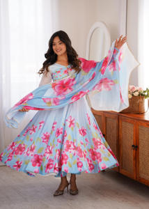 Robe Anarkali en Soie Organza Florale avec Potli, Coupe Kali Évasée, Gota Patti, Dupatta – Tenue de Cérémonie pour Femme PY308 DC - Product Image 1